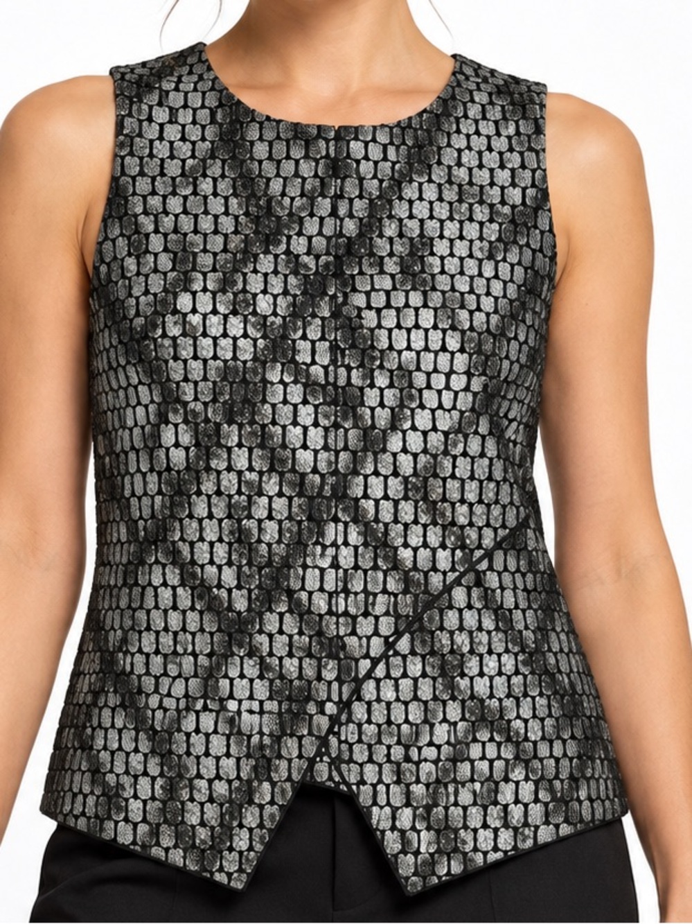 Maple & Cliff Metallic Silver Black Top Large Sleeveless Asymmetric Hem Blouse
